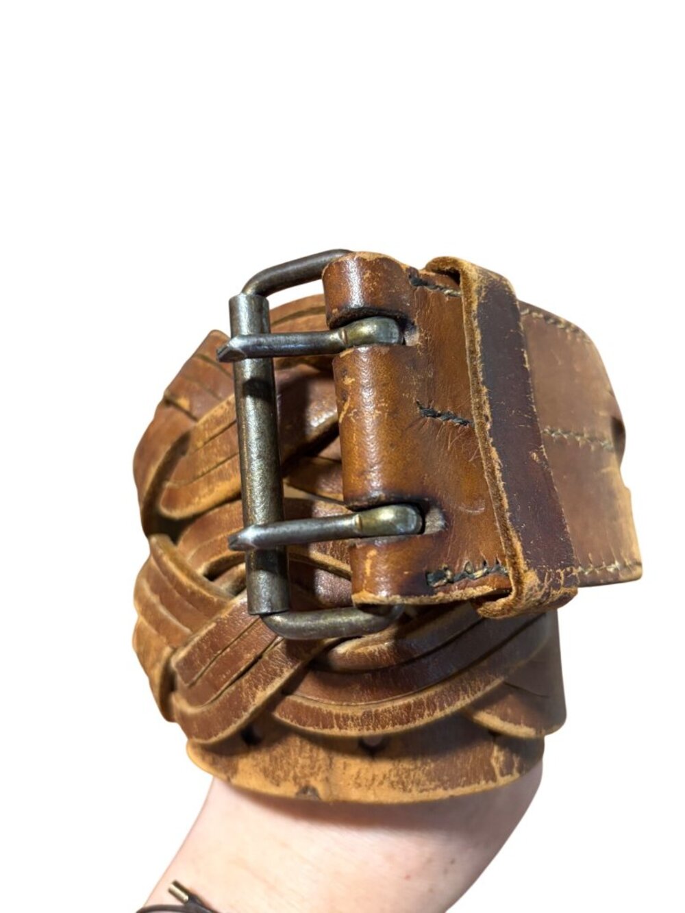 Vintage Brown Leather Double-Prong Belt With Woven Detail
